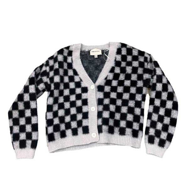 Sweaters - Checkered knitted fuzzy cardigan v neck women's medium